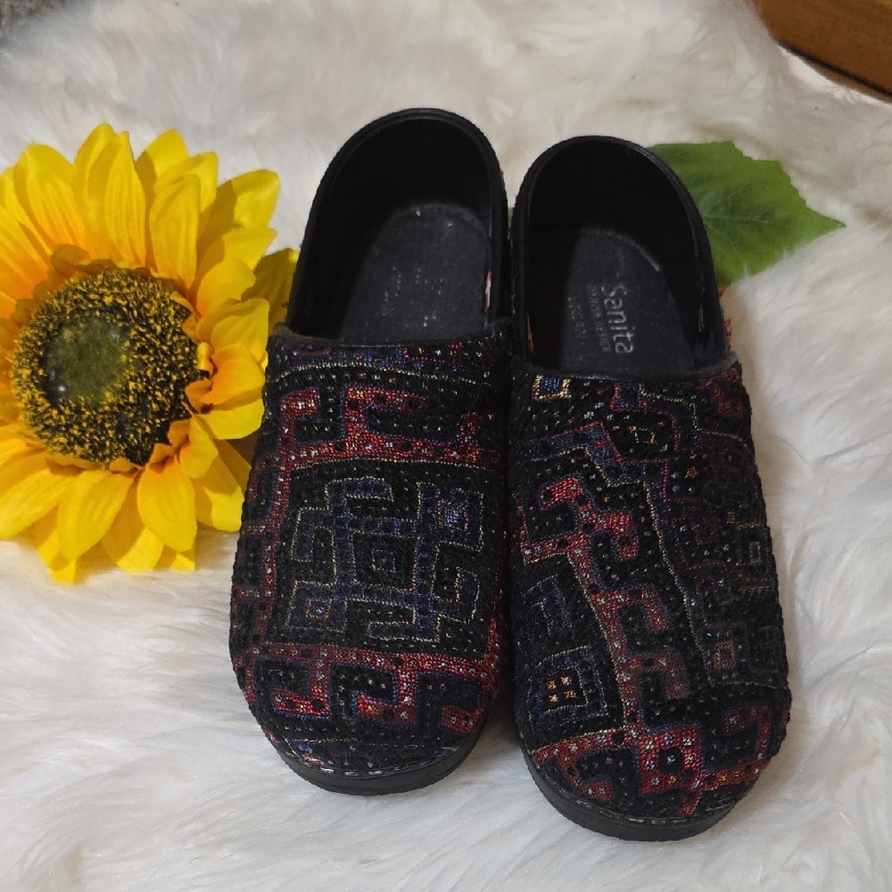 Sanita Black and Multicolor Fabric Clogs